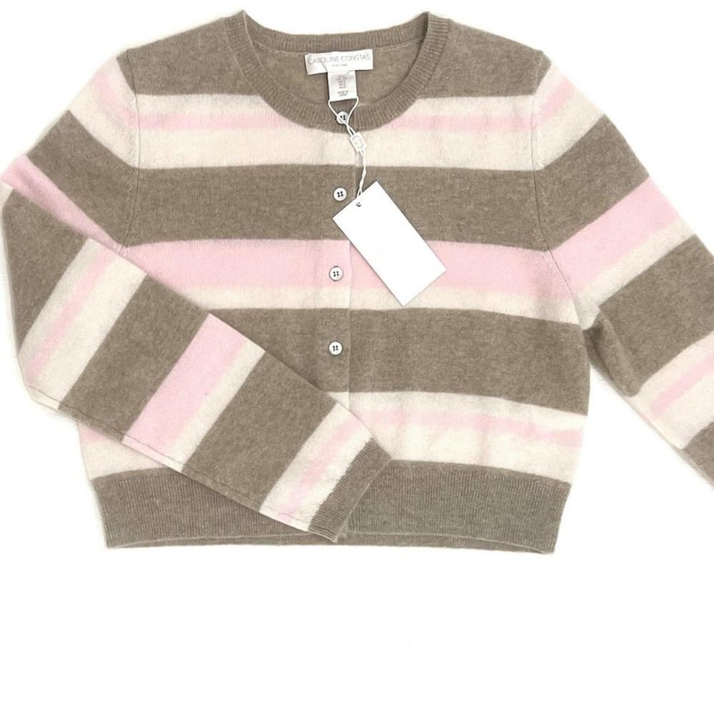 New Caroline Constas Pink & Tan Striped Button-Front Cardigan 100% cashmere!